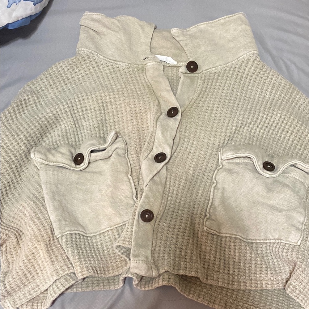 Beige Button-Up Waffle Knit Cape